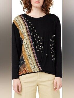 DESIGUAL Women Long Sleeve Top Shirt Size XL Round Neck Boho Stretch Style